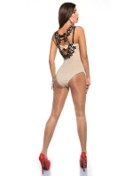 Dámske sexy body s háčkovanými ramienkami a kamienkami 9172 Béžová s čiernou - KouCla