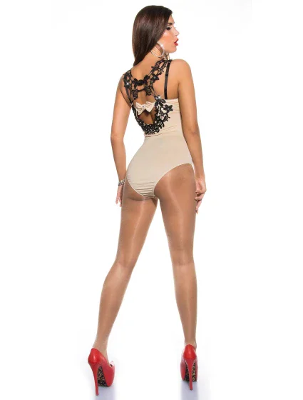Dámske sexy body s háčkovanými ramienkami a kamienkami 9172 Béžová s čiernou - KouCla