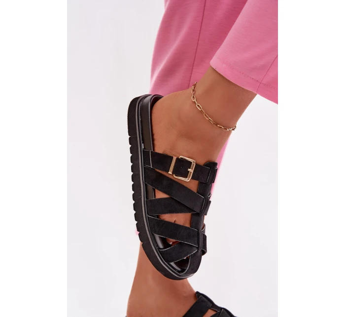 Dámské pantofle s pásky a zlatým sponou Černé Roselisse