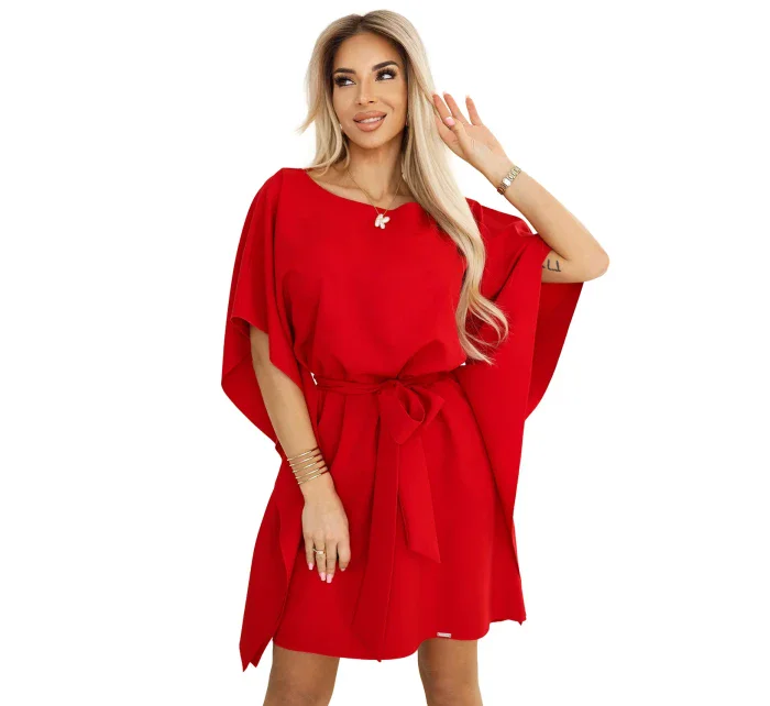 287-35 SOFIA Motýlie šaty so zaväzovaním v páse - ČERVENÉ