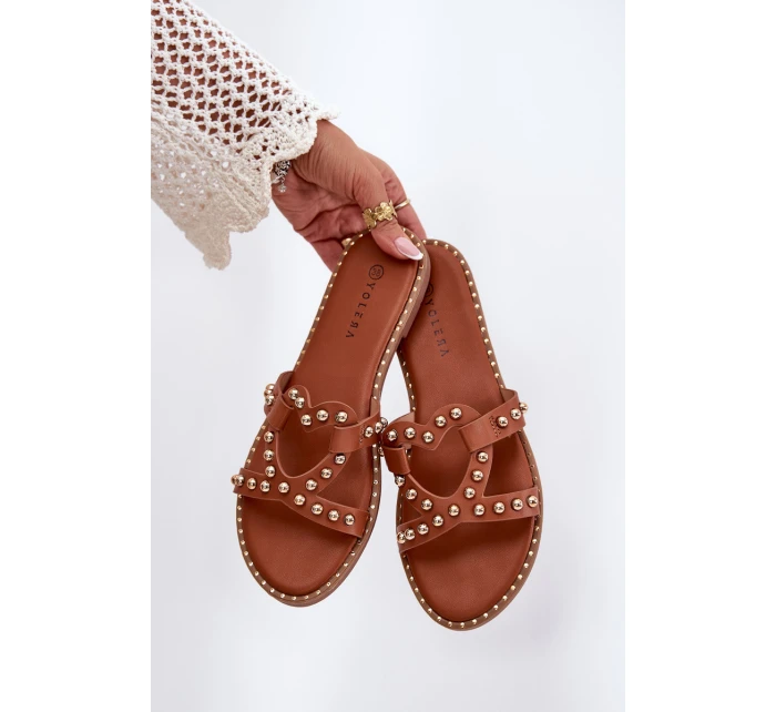 Zdobione Płaskie Klapki Damskie Camel Adivrae