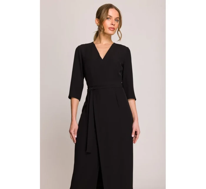 S396 Šaty v strednej dĺžke so zavinovacími detailmi - čierne