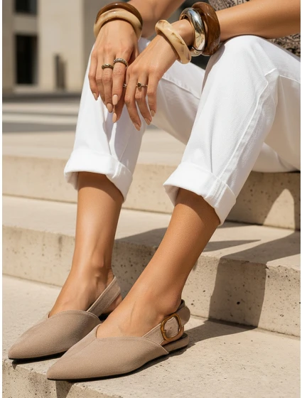 Dámske semišové baleríny s otvoreným podpätkom v béžovej farbe FashionStreet ZY1338