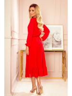 Červené dámské šifonové midi šaty s volánkem a dekoltem model 14554664 - numoco