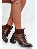 Zazoo 60503 Skórzane Botki Na Obcasie Ocieplane Czekoladowe