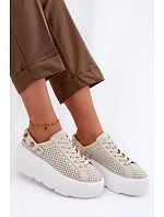 Kožené síťované dámské tenisky na platformě s páskem na podpatku model 22100279 béžové - D&A
