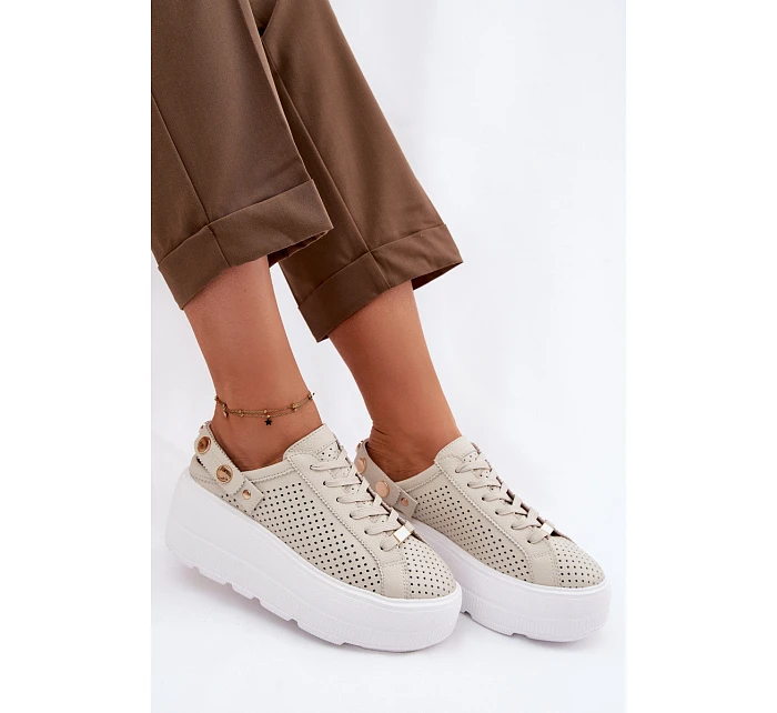 Kožené síťované dámské tenisky na platformě s páskem na podpatku model 22100279 béžové - D&A