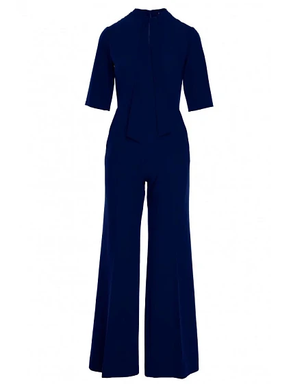 Dámský elegantní overal se zavazováním za krkem model 21184649 tmavě modrý - STYLOVE Dámský elegantní overal se zavazováním za krkem model 21184649 tmavě modrý - STYLOVE