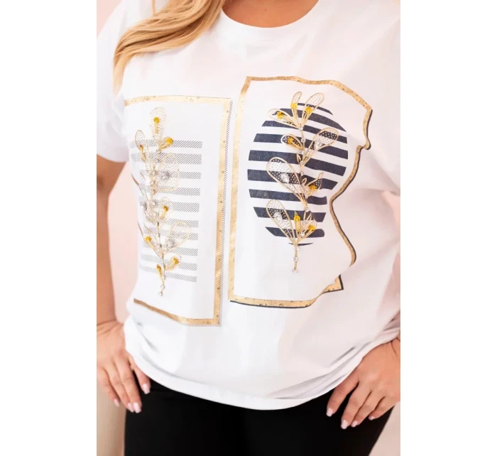 Dámske bavlnené Plus veľkosť blúzka s kamienkami biela + tmavomodrá