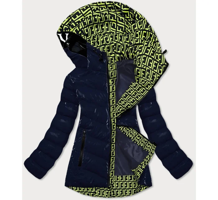 Tmavomodrá lesklá dámska bunda s ozdobnou podšívkou (xw810x) Tmavomodrá lesklá dámska bunda s ozdobnou podšívkou (xw810x)