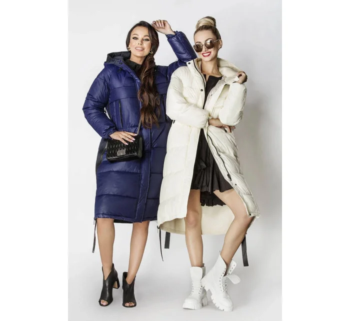 Dlhá zimná bunda v ecru farbe z rôznych materiálov (jin-210)