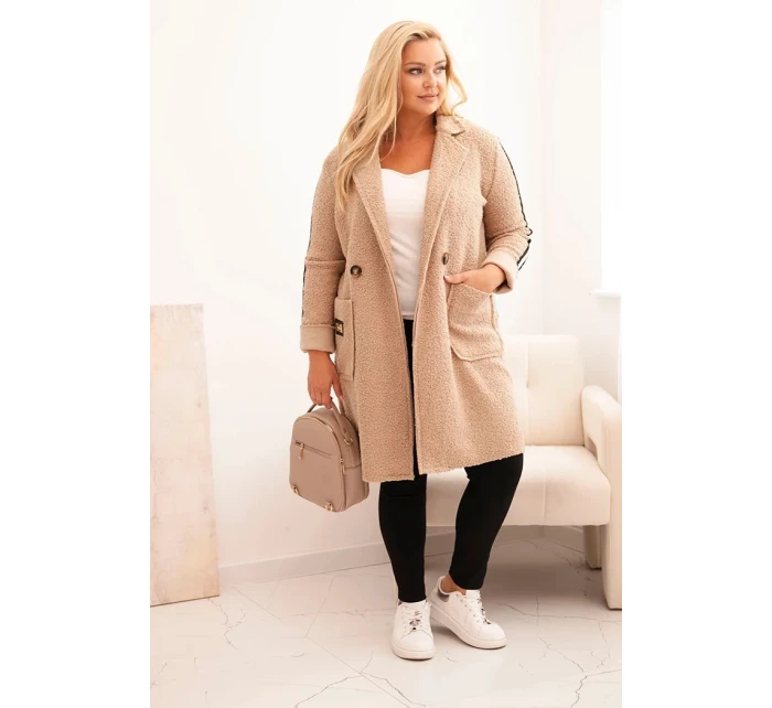 Dámske Plus veľkosť Faux ovčej vlny kabát s vreckami tmavo béžová