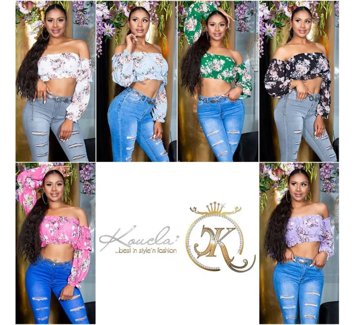 Dámsky sexy volánový top Carmen T80149 Ružová s kvetinovým vzorom - Style fashion