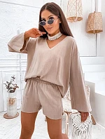 Ľanová oversize blúzka a šortky cappuccino (752)