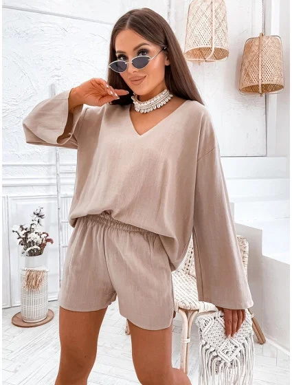dámský komplet v barvě cappuccino oversize halenka a šortky model 20114298 - Moon