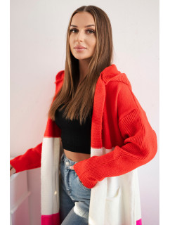Pruhovaný sveter s kapucňou červený+ružový+ružový neón
