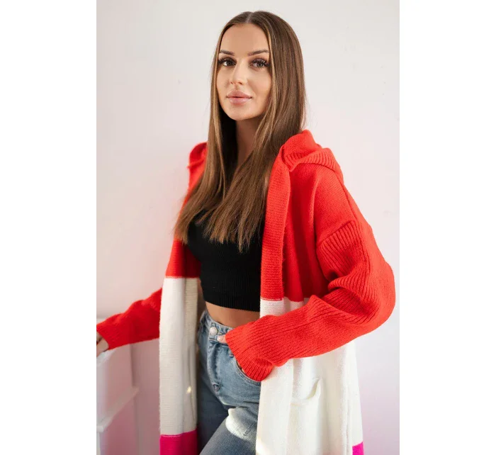 Pruhovaný sveter s kapucňou červený+ružový+ružový neón Pruhovaný sveter s kapucňou červený+ružový+ružový neón