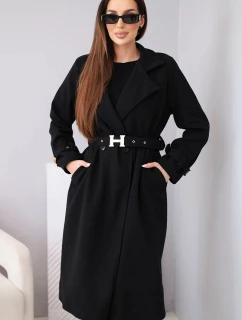 Dámsky kabát s opaskom a zlatými prackami čierny