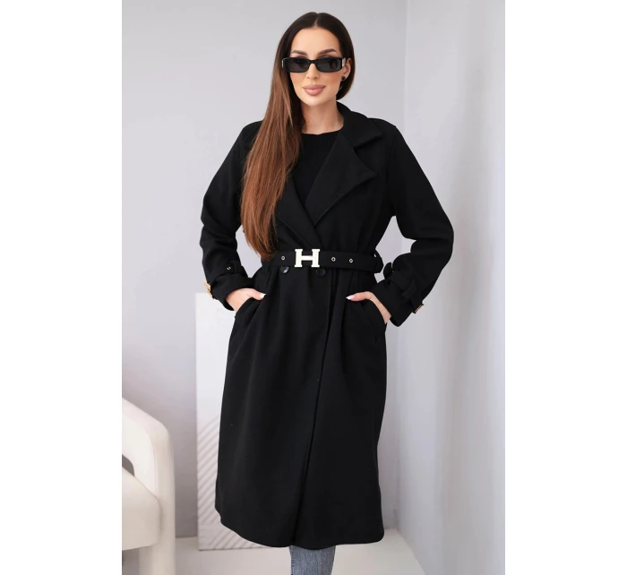 Dámsky kabát s opaskom a zlatými prackami čierny