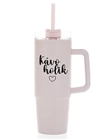 KÁVOHOLIK - růžový cestovní termohrnek s průhledným víčkem 900 ml