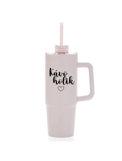 KÁVOHOLIK - růžový cestovní termohrnek s průhledným víčkem 900 ml