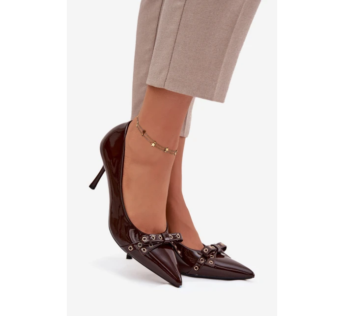 Lakované lodičky s mašľou Janisse - čokoláda