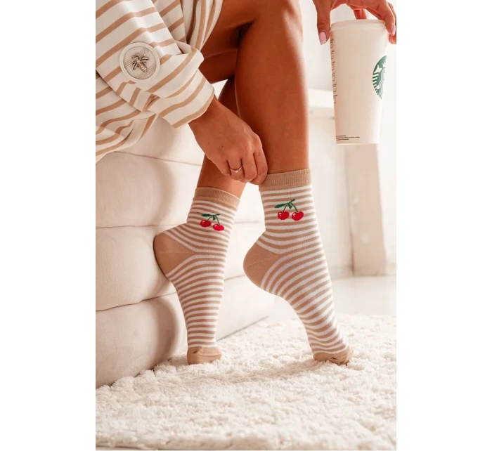 Dámske pruhované ponožky s bavlnou Cherry Cotton Beige