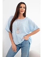 Dámska bavlnená blúzka oversize s krátkymi rukávmi modrá