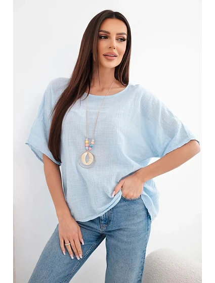 Dámska bavlnená blúzka oversize s krátkymi rukávmi modrá