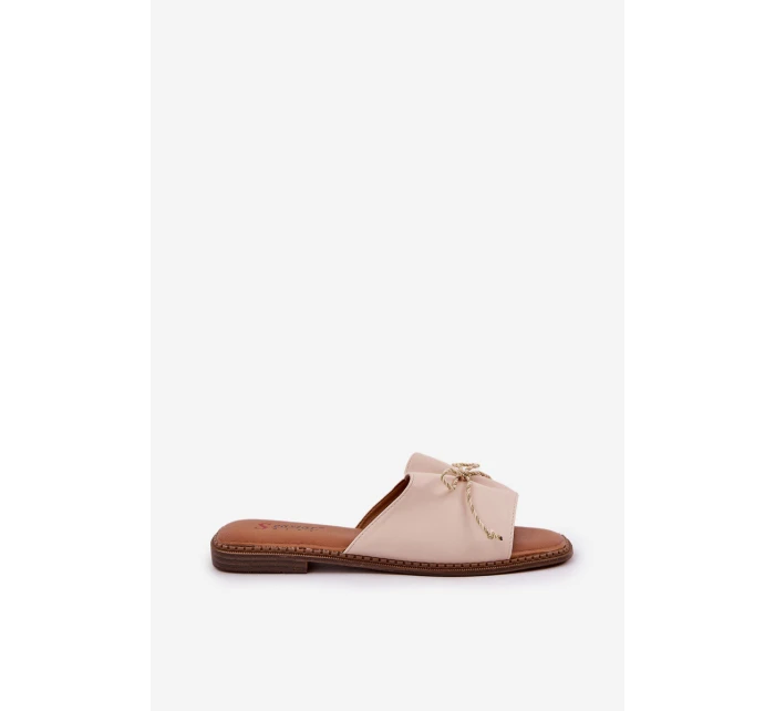 Klapki Na Płaskiej Podeszwie Z Ozdobną Kokardką Beżowe Deonelis Klapki Na Płaskiej Podeszwie Z Ozdobną Kokardką Beżowe Deonelis