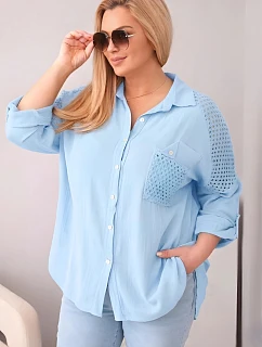 Dámská bavlněná košile Plus Size s límečkem a krajkovou vsadkou modrá