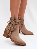 Dámské perforované kožené boty s kovbojským vzhledem na podpätku s třásněmi Béžové Calissey