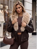 Dámska zimná kožená bunda s kožušinou, hnedá, FashionStreet TY6028