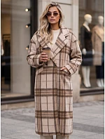 Dámský kabát dlouhý dvouřadý s příměsí vlny kostkované béžová FashionStreet NY0829