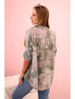 Dámske bavlnené tričko s kvetinovým vzorom a vyhrnutými rukávmi khaki