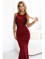 617-2 Dlhé šaty s čiernou čipkou a sieťovinou - bordové