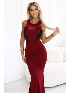 617-2 Dlhé šaty s čiernou čipkou a sieťovinou - bordové