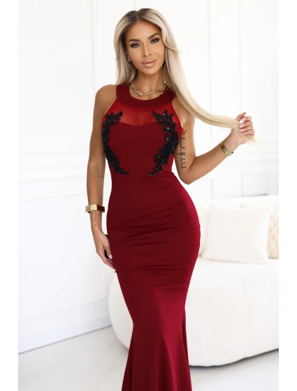 617-2 Dlhé šaty s čiernou čipkou a sieťovinou - bordové