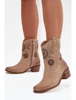Zamszowe Skórzane Botki Damskie Ażurowe Na Obcasie Zazoo 3844 Beżowe