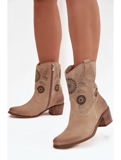 Zamszowe Skórzane Botki Damskie Ażurowe Na Obcasie Zazoo 3844 Beżowe