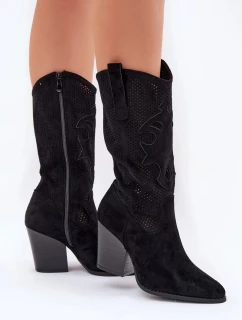 Dámske perforované čižmy v kovbojskom štýle so stĺpovým podpätkom S.Barski - čierne, ekokoža
