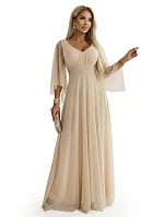Dlhé ľahké trblietavé šaty 655-4 béžová - Numoco