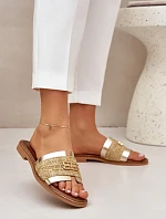 Skórzane Klapki Z Ozdobnym Detalem I Plecionką Zazoo 40426 Złote