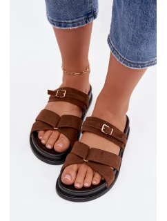 Dámské pantofle s pásky a zlatým sponou Hnědé Selorina