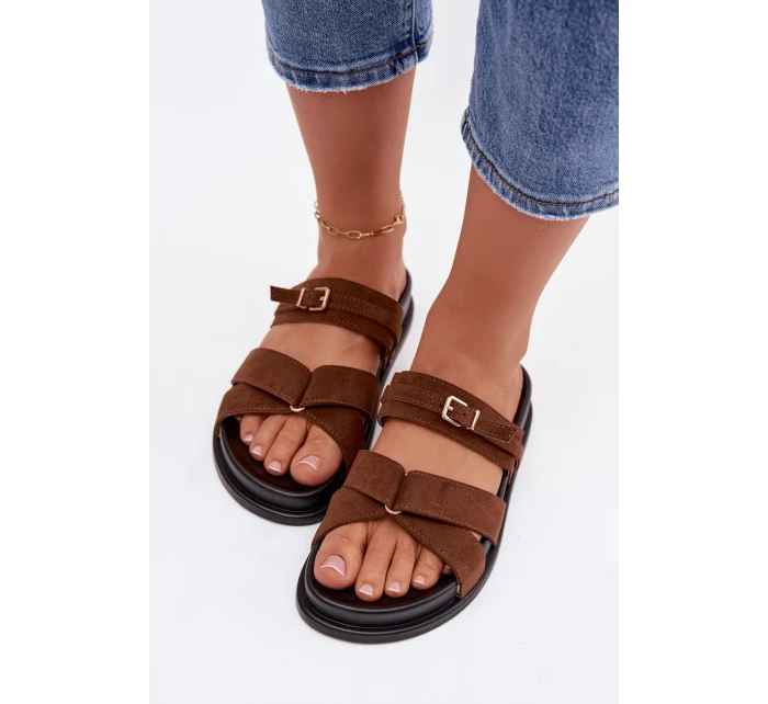 Dámské pantofle s pásky a zlatým sponou Hnědé Selorina