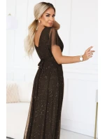 635-4 MELANIA dlhé lesklé šaty s výstrihom a krátkymi rukávmi - čokoládové