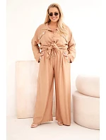 Dámská souprava Plus Size s košilí a širokými kalhotami camelová Dámská souprava Plus Size s košilí a širokými kalhotami camelová