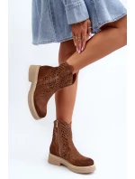 Zazoo 3470 Zamszowe Botki Damskie Na Płaskim Obcasie Ażurowe Brązowe