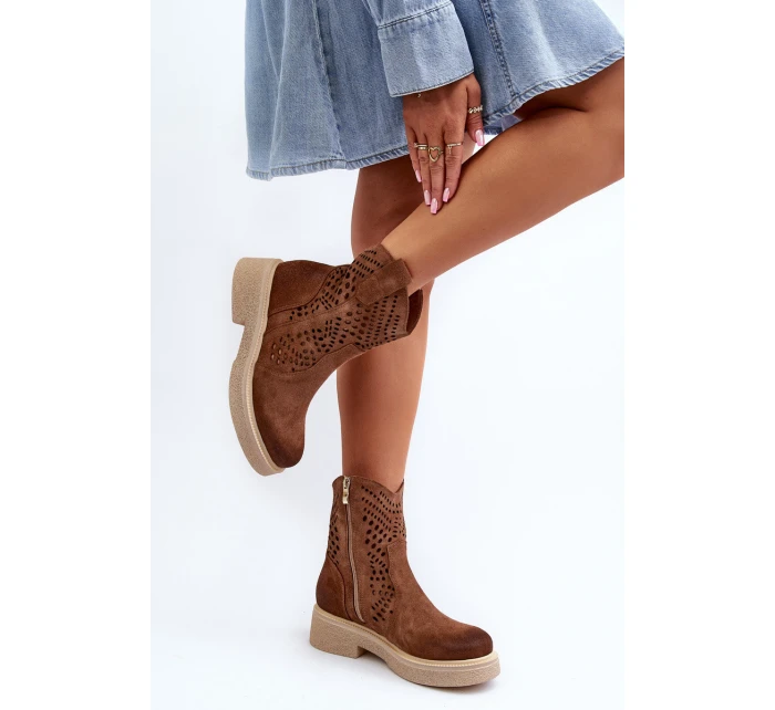 Zazoo 3470 Zamszowe Botki Damskie Na Płaskim Obcasie Ażurowe Brązowe