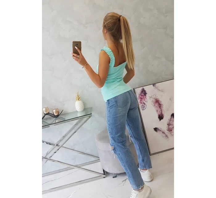 Blúzka bez ramienok s volánikmi v mätovej farbe